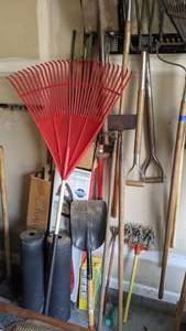lot 55 image: Lot of Yard Tools Tiller, Shovels, Rakes and More