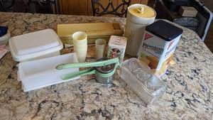 lot 30 image: Collection of Vintage Kitchen Decor Seal-A-Meal II, Butter Dish, Candy Tin, Etc.