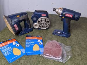 lot 262 image: Vintage Ryobi Cordless Corner Sander wAccessories, Vintage Ryobi Drill, & Vintage Ryobi  FM Radio wAuxiliary Input Construction Radio