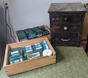 lot 258 image: Small 3 Drawer Chest, Mixed Lot of Containers Filled with Nails, Screws, & More