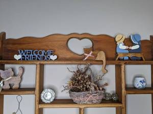 lot 117 image: Wood Wall Mounted Heart Cutout Shelf with Contents