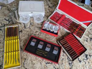 lot 41 image: Assortment of Vintage Kitchenware Items Fondue Sticks, Salt & Pepper, Knife Holders, Etc.