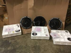 lot 20 image: Lot of 3 Home Decorators Collection Tuilene 21 in. Integrated LED Matte Black Ceiling Fan with Light and Remote Control (review pictures)