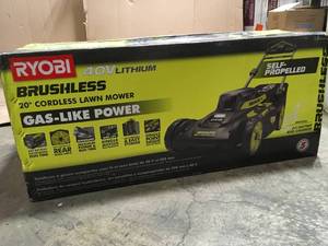 lot 32 image: RYOBI 40V Brushless 20 in. Cordless Walk Behind Self-Propelled Lawn Mower with 6.0 Ah Battery & Charger (open box) review pictures