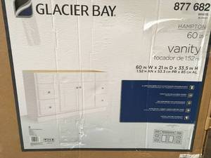 lot 41 image: Glacier Bay Hampton 60 in. W x 21 in. D x 33-12 in. H Bathroom Vanity Cabinet Only in White (missing pieces & 1 drawer is broken)