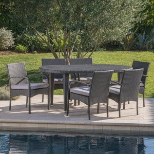 Kyle Grey 7-Piece Wicker Outdoor Dining Set with Grey Cushion by Noble House, Its RETAIL PRICE is $699.99