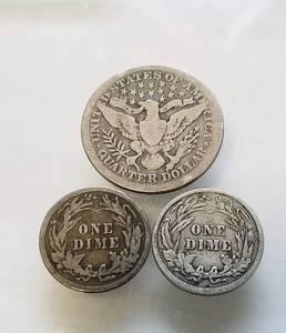 lot 26 image: 3 SILVER BARBER COINS 1904 QUARTER & 1911 1914 DIMES