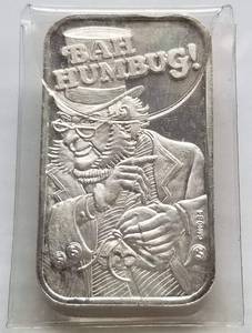 lot 36 image: 1 TROY OZ. .999 FINE SILVER ART BAR BAH HUMBUG CHRISTMAS THEME SEALED
