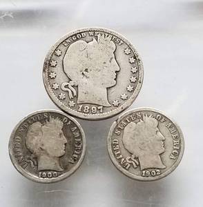 lot 38 image: 3 SILVER BARBER COINS 1897 QUARTER & 1900 1902-S DIMES