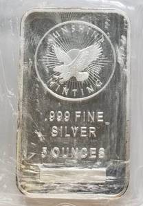 lot 44 image: 5 TROY OZ. .999 FINE SILVER BAR SUNSHINE MINT SEALED bar looks good bag looks marked up