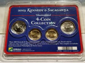 lot 23-A image: 2003 UNCIRCULATED KENNEDY SACAJAWEA SET SEALED 4 COINS