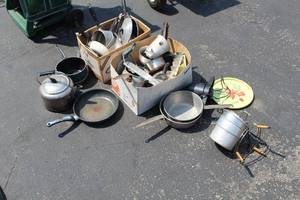 lot 35 image: Cookware (in 2 boxes)  with Skillets, Pans, Tea Pot, Strainers, and more