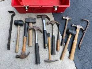 lot 206 image: Tool Box w Hammers & Pry Bars
