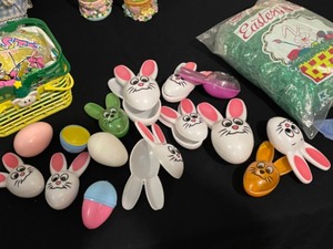 Easter plush, windsock, picture frame, Easter baskets, plastic eggs, Easter snow globes