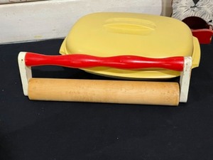 Vintage Tupperware Harvest Gold Steamer Rice Cooker and Store and Pour containers, Vintage wood roller, wood cat wall hanging