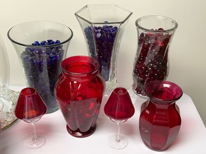 lot 253 image: Decorative Red, Blue and White Vases, Candle Holders and Filler