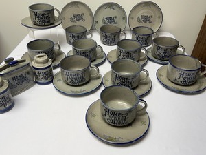 lot 266 image: 12 Vintage Home Sweet Home Stoneware Soup Mugs and Under-Plates and More