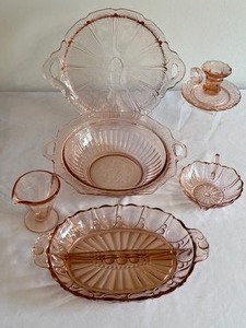 lot 241 image: Variety of Lovely Pink Depression Glassware Items including a Pink Cherry Blossom Handled Platter