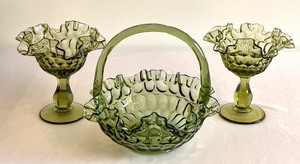 lot 65 image: Fenton Colonial Green Thumbprint Pattern Basket and Two Candy Dishes
