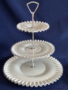 lot 48 image: Three Fenton Silvercrest Tidbit Trays including a Three Tiered Silver Crest Milk Glass Tidbit Tray