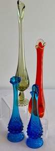 lot 23 image: Beautiful Colorful Grouping of Four Mid Century  Glass Vases