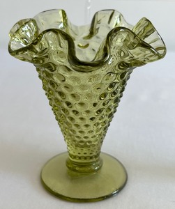 lot 15 image: Vintage Fenton Colonial Green Basket, Double Crimped Vases, Votive Holder & Bell