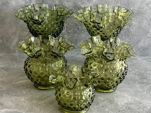 lot 11 image: Fenton Hobnail Colonial Green Pedestal Candy Dishes and Double Crimped Squat Vases