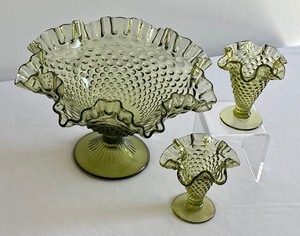 lot 7 image: Three Pieces of Fenton Colonial Green Hobnail Glassware Items - Hobnail Colonial Green Ruffled Footed Bowl