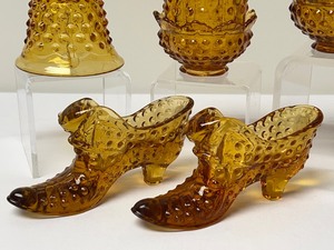 lot 298 image: Fenton Amber Hobnail Grouping including Fairy Lamps, Bell and Shoe Figurines