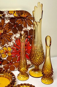 lot 290 image: Variety of Amber Colored Glassware Items and Retro Floral Tray