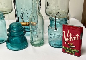 lot 273 image: Vintage Blue Ball Jars and Velvet Tobacco Tins