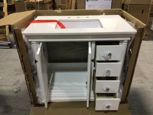 Strousse 37 in. W x 22 in. D Vanity Cabinet in White with Engineered Stone Vanity Top in Ice Diamond with White Sink by Home Decorators Collection