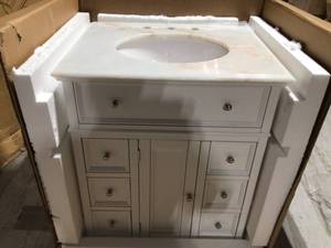 Hampton Harbor 28 in. W x 22 in. D Bath Vanity in White with Natural Marble Vanity Top in White by Home Decorators Collection