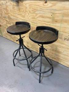 Set of 2 bar stools  industrial vintage style  swivel wooden seat  24-30 inch height adjustable bar  with mini backrest