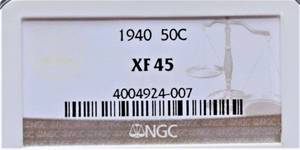 lot 842 image: 1940 P Liberty Walking Half Dollar - Xtra Fine 45 NGC