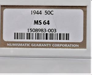 lot 843 image: 1944 P Liberty Walking Half Dollar - MS 64, NGC, Choice Uncirculated