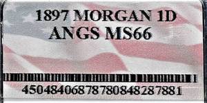 lot 857 image: 1897 P Morgan Silver Dollar - MS 66, ANGS grading, GEM Uncirculated.