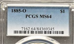 lot 878 image: 1885 O Morgan Silver Dollar - MS 64, Graded by PGCS. Choice Uncirculated.