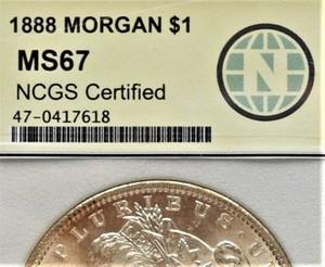 lot 884 image: 1888 P Morgan Silver Dollar - MS 67, Graded by PGCS. GEM Uncirculated. Very Nice Coin