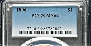 lot 885 image: 1896 P Morgan Silver Dollar - MS 64, Graded by PGCS. Choice Uncirculated.