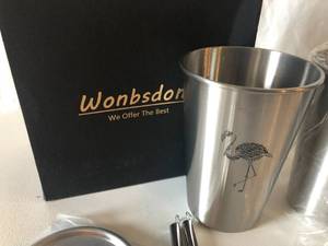 lot 84 image: NEW Wonbsdom Set of 2 Metal Coffee Cups w lids, metal straws & Stir Spoons
