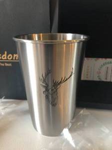 lot 82 image: NEW Set of 2 Metal Coffee Cups w lids, metal straws & Stir Spoons