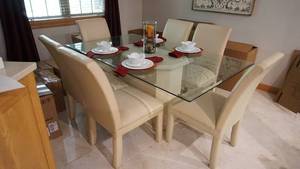 Glass Table And 6 Parsons Leather Chairs