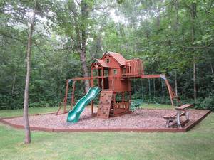 Beautiful Wooden Sams Club Swing Set With Attached Slide & Playhouse & Built In Picnic Table & Sandbox