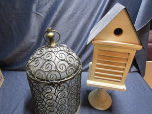 Glass Container, Birdhouse Stand