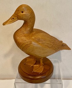lot 98 image: Hand Carved Wooden Bird Figurine and Brass Duck