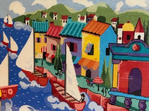 lot 92 image: Bright Colored Framed Needlepoint Scene