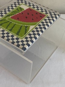 lot 269 image: Lucite Napkin Holder and Treat Box w Needlepoint Design