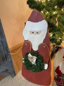 lot 419 image: 5 Foot Lighted Christmas Tree with Wooden Santa and Hand Painted Santa Shaker Style Box