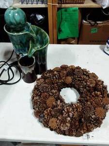 lot 8 image: Glazed Pottery Water Fountain & Pine Cone Wreath